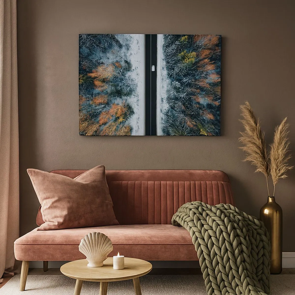 Quadro em tela - Uma estrada através de uma floresta de inverno vista de um pássaro - 70x50cm - Cortar a floresta no inverno - Decoração de parede moderna para a sala de estar e quarto ARTTOR