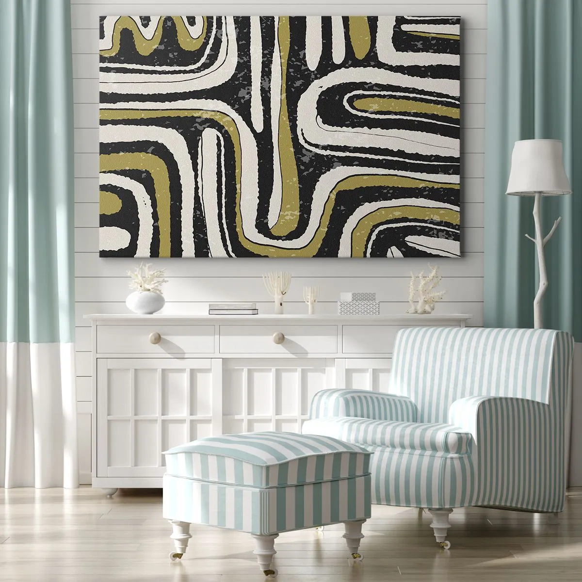 Quadro em tela - Padrão abstrato em preto, branco e dourado - 70x50cm - Composição: estradas e becos - Decoração de parede moderna para a sala de estar e quarto ARTTOR