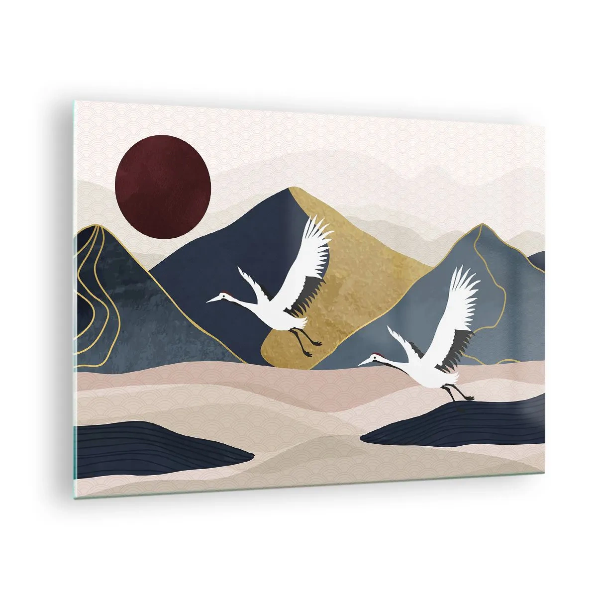 Quadro em vidro - Dois guindastes voando sobre uma paisagem ondulada com um sol vermelho. - 70x50cm - E o dia acaba novamente - Decoração de parede moderna para a sala de estar e quarto ARTTOR
