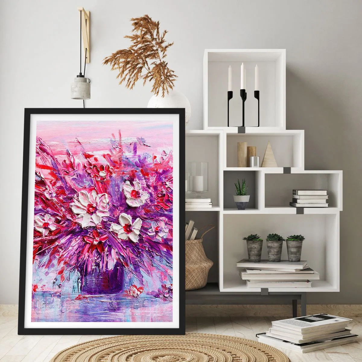 Pôster com moldura preta - Um buquê de flores em tons de rosa, roxo e branco - 50x70cm - Inocência e paixão - Decoração de parede moderna para a sala de estar e quarto ARTTOR