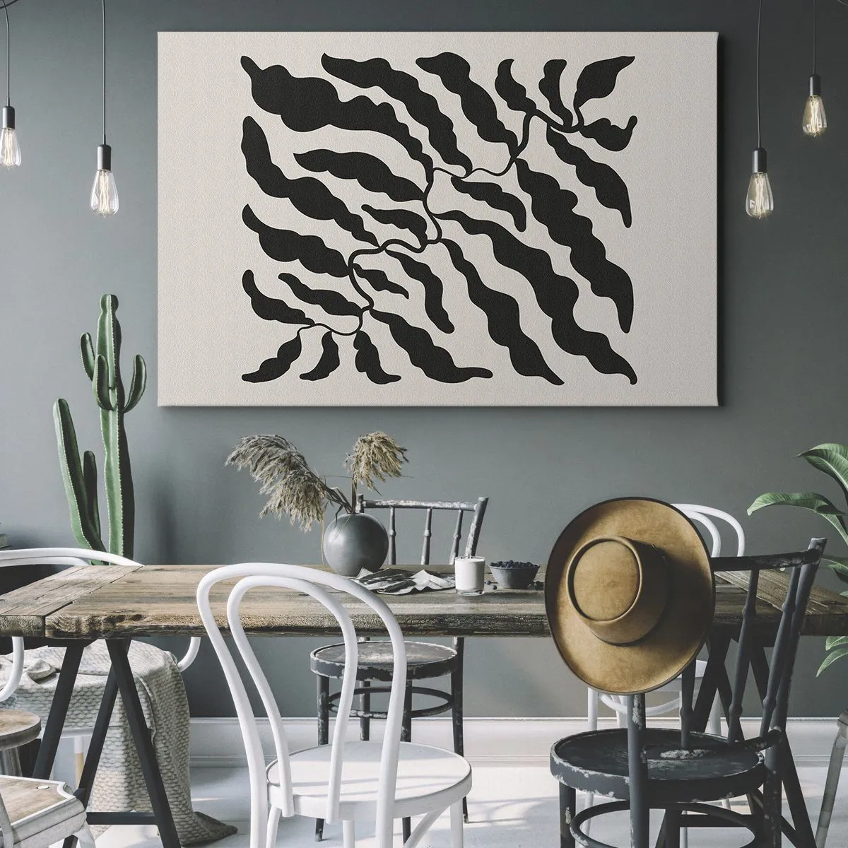 Quadro em tela - Galhos com folhas em preto sobre fundo claro - 70x50cm - A natureza da praça - Decoração de parede moderna para a sala de estar e quarto ARTTOR