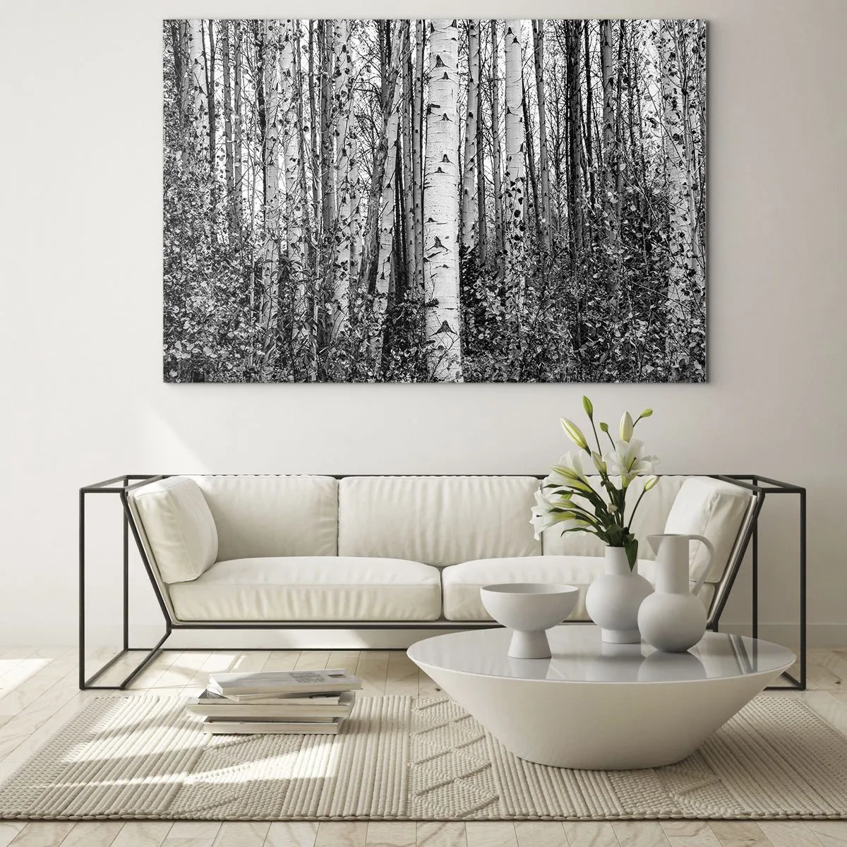 Quadro em vidro - Bétulas pretas e brancas criam uma paisagem florestal densa - 70x50cm - Colunata de bétula - Decoração de parede moderna para a sala de estar e quarto ARTTOR