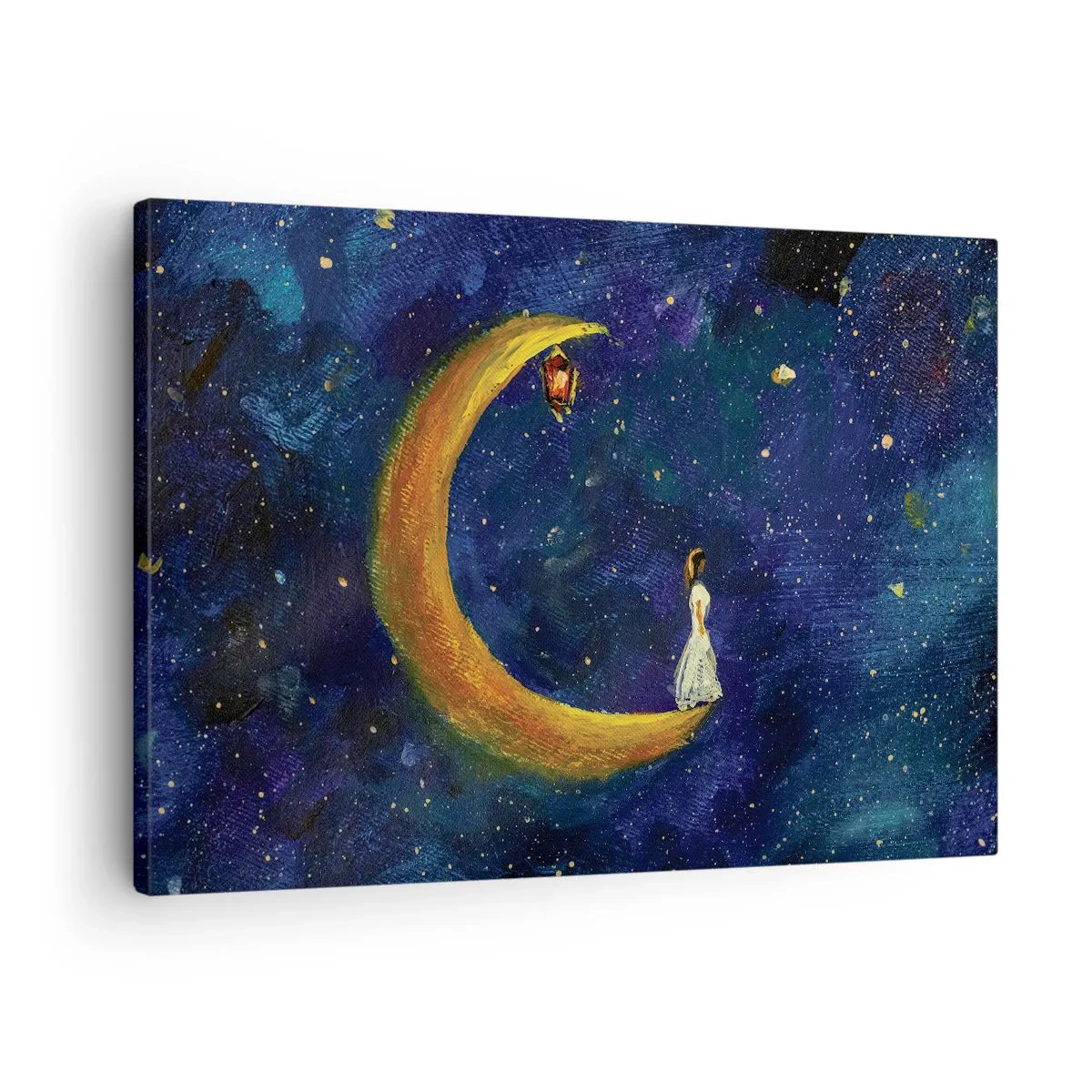 Quadro em tela - Uma garota parada na lua em um céu estrelado - 70x50cm - O Chamado do Mundo - Decoração de parede moderna para a sala de estar e quarto ARTTOR