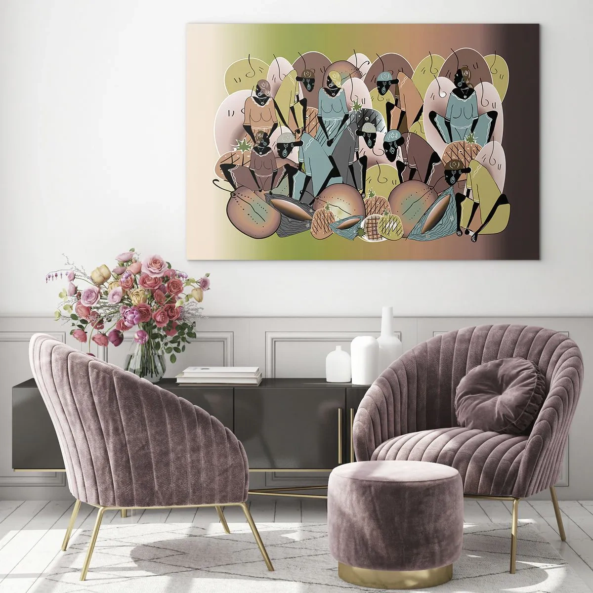 Quadro em vidro - Uma ilustração abstrata de figuras em tons de bege, verde e rosa. - 70x50cm - Uma grande festa se aproxima - Decoração de parede moderna para a sala de estar e quarto ARTTOR
