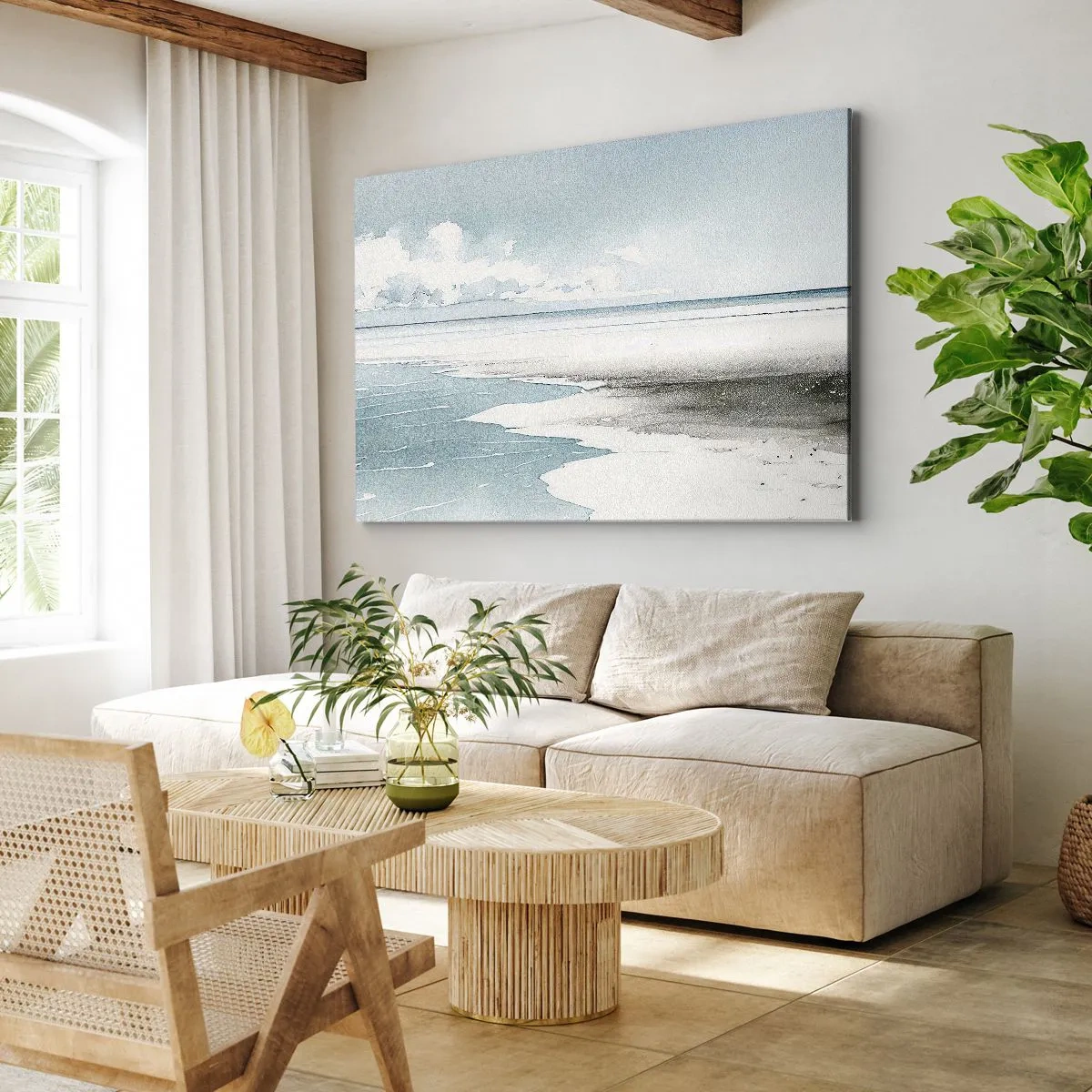 Quadro em tela - Um mar calmo e uma praia em tons claros de azul - 70x50cm - Maré suave - Decoração de parede moderna para a sala de estar e quarto ARTTOR
