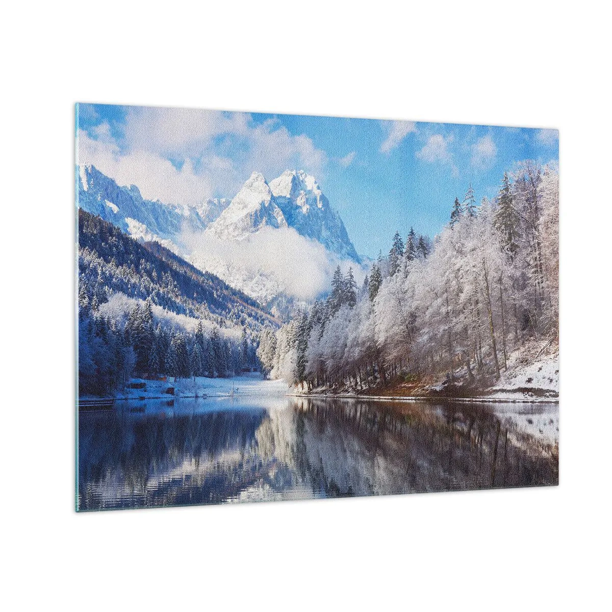 Quadro em vidro - Paisagem de inverno com montanhas e um lago congelado - 70x50cm - Guarda de neve - Decoração de parede moderna para a sala de estar e quarto ARTTOR