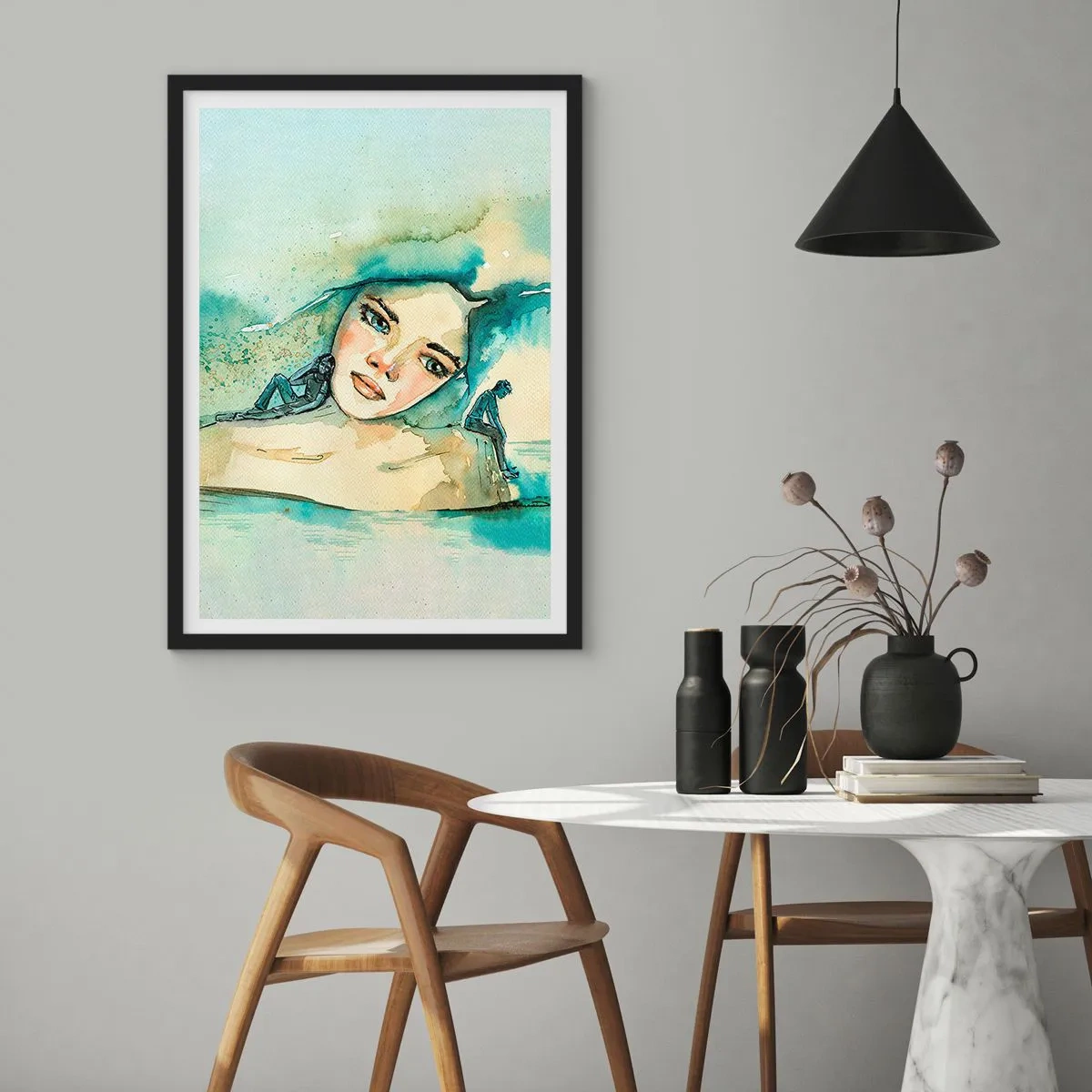 Pôster com moldura preta - Retrato de uma mulher em estilo artístico de aquarela - 50x70cm - Am I blue? - Decoração de parede moderna para a sala de estar e quarto ARTTOR