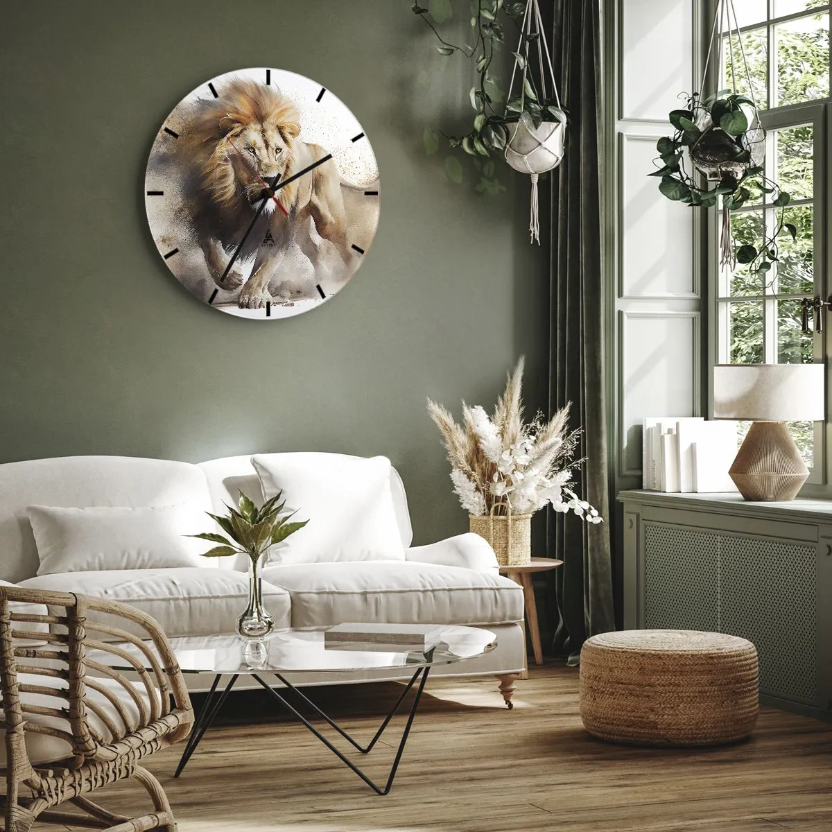 Relógio de parede - Relógio em vidro - Foto dinâmica de um leão em movimento contra um fundo branco com efeito de poeira. - 30x30cm - O rei se foi - Decoração de parede moderna para a sala de estar, cozinha e quarto ARTTOR
