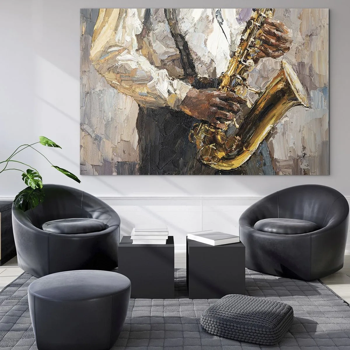 Quadro em vidro - Um músico tocando saxofone pintado usando a técnica de impasto - 70x50cm - Hora do solo - Decoração de parede moderna para a sala de estar e quarto ARTTOR