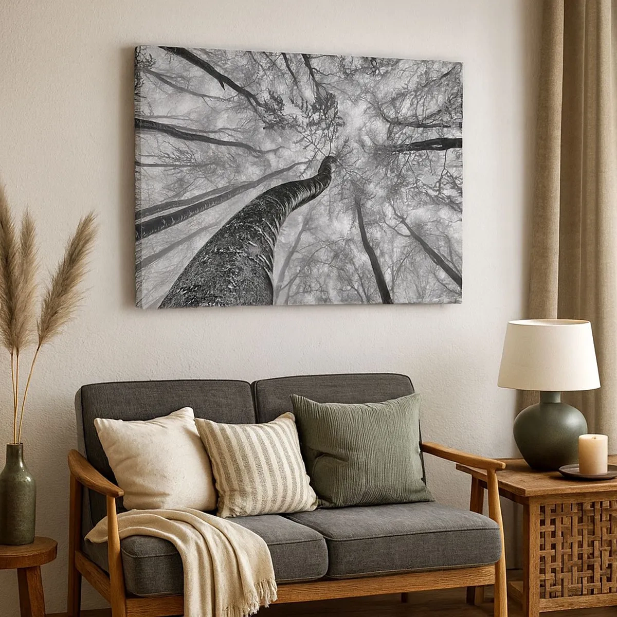 Quadro em tela - Perspectiva de árvores em uma floresta vista de baixo em tons de cinza - 70x50cm - Corrida até a luz - Decoração de parede moderna para a sala de estar e quarto ARTTOR