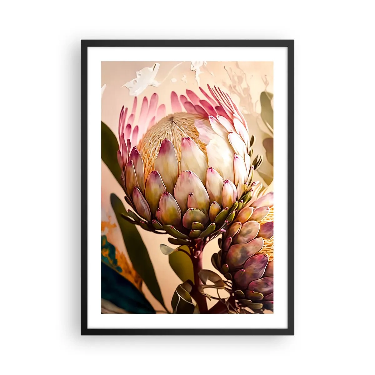 Pôster com moldura preta - Close-up de uma flor de protea em cores quentes - 50x70cm - Abraçado com ternura - Decoração de parede moderna para a sala de estar e quarto ARTTOR