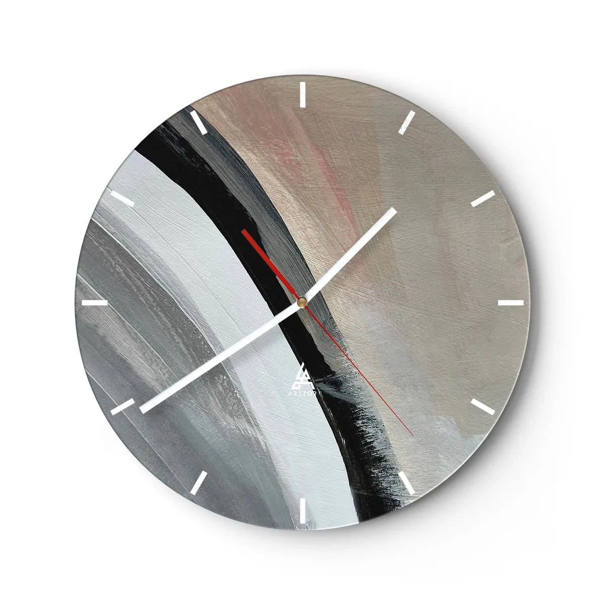 Relógio de parede - Relógio em vidro - Composição abstrata com arco preto e tons de cinza - 30x30cm - Composição: arco preto e cinza - Decoração de parede moderna para a sala de estar, cozinha e quarto ARTTOR