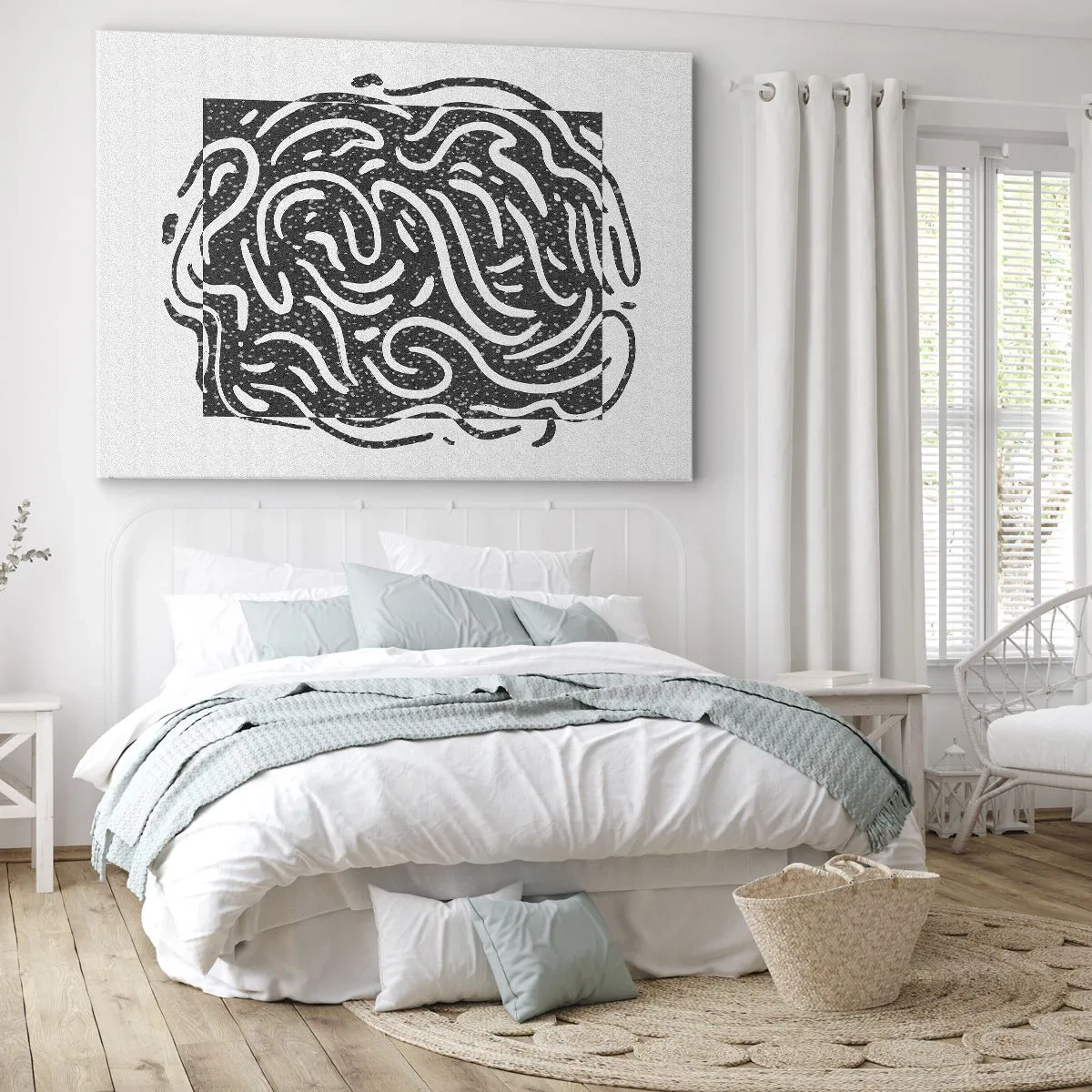 Quadro em tela - Abstração em preto e branco em estilo geométrico - 70x50cm - Resumo: dança da alegria - Decoração de parede moderna para a sala de estar e quarto ARTTOR