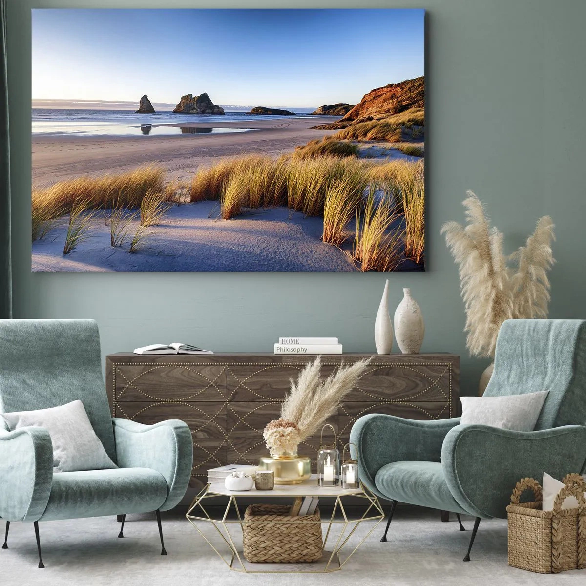 Quadro em tela - Uma praia pitoresca com vista para as rochas e o mar ao pôr do sol - 70x50cm - Para quem busca a paz - Decoração de parede moderna para a sala de estar e quarto ARTTOR