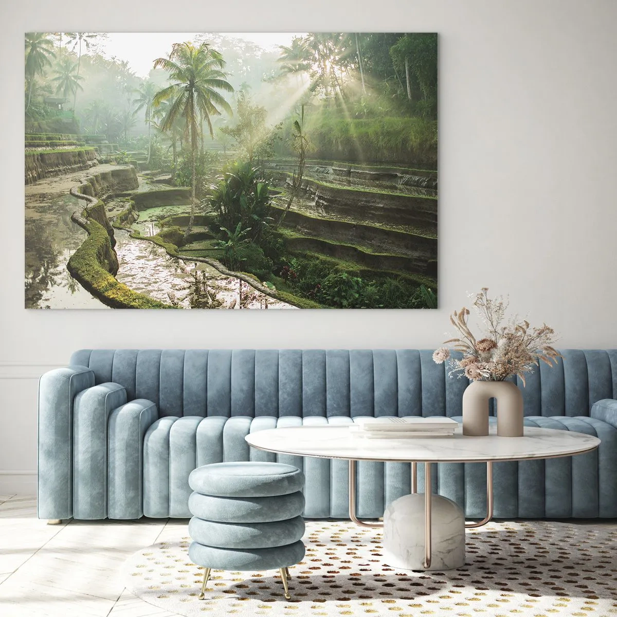 Quadro em vidro - Arrozais tropicais com palmeiras na névoa da manhã - 70x50cm - Crescer ao sol - Decoração de parede moderna para a sala de estar e quarto ARTTOR