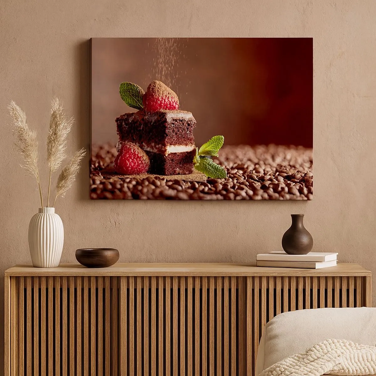 Quadro em tela - Bolo de chocolate com framboesas e hortelã sobre fundo de grãos de cacau - 70x50cm - A vida é doce - Decoração de parede moderna para a sala de estar e quarto ARTTOR