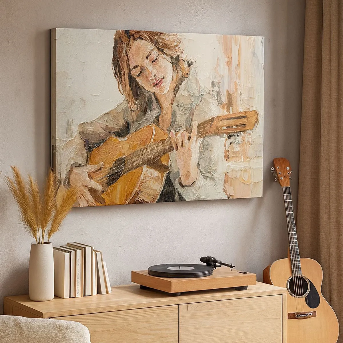 Quadro em tela - Retrato de uma menina tocando violão em estilo pictórico com cores quentes. - 70x50cm - Concerto de violão e coração de rapariga - Decoração de parede moderna para a sala de estar e quarto ARTTOR