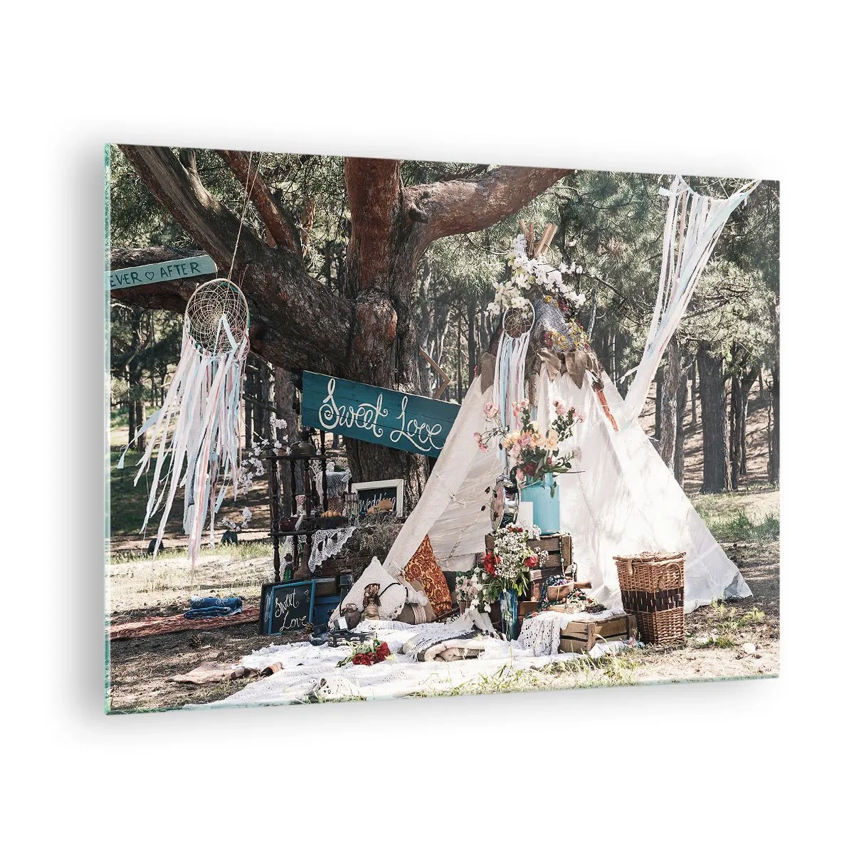 Quadro em vidro - Decoração boho para áreas externas com tipi e flores na floresta - 70x50cm - Make love… - Decoração de parede moderna para a sala de estar e quarto ARTTOR