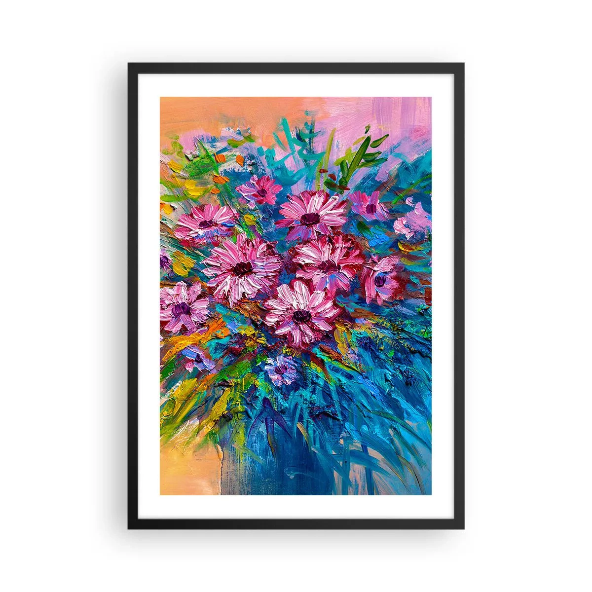 Pôster com moldura preta - Um buquê de flores intensamente coloridas sobre um fundo abstrato - 50x70cm - A energia da vida - Decoração de parede moderna para a sala de estar e quarto ARTTOR
