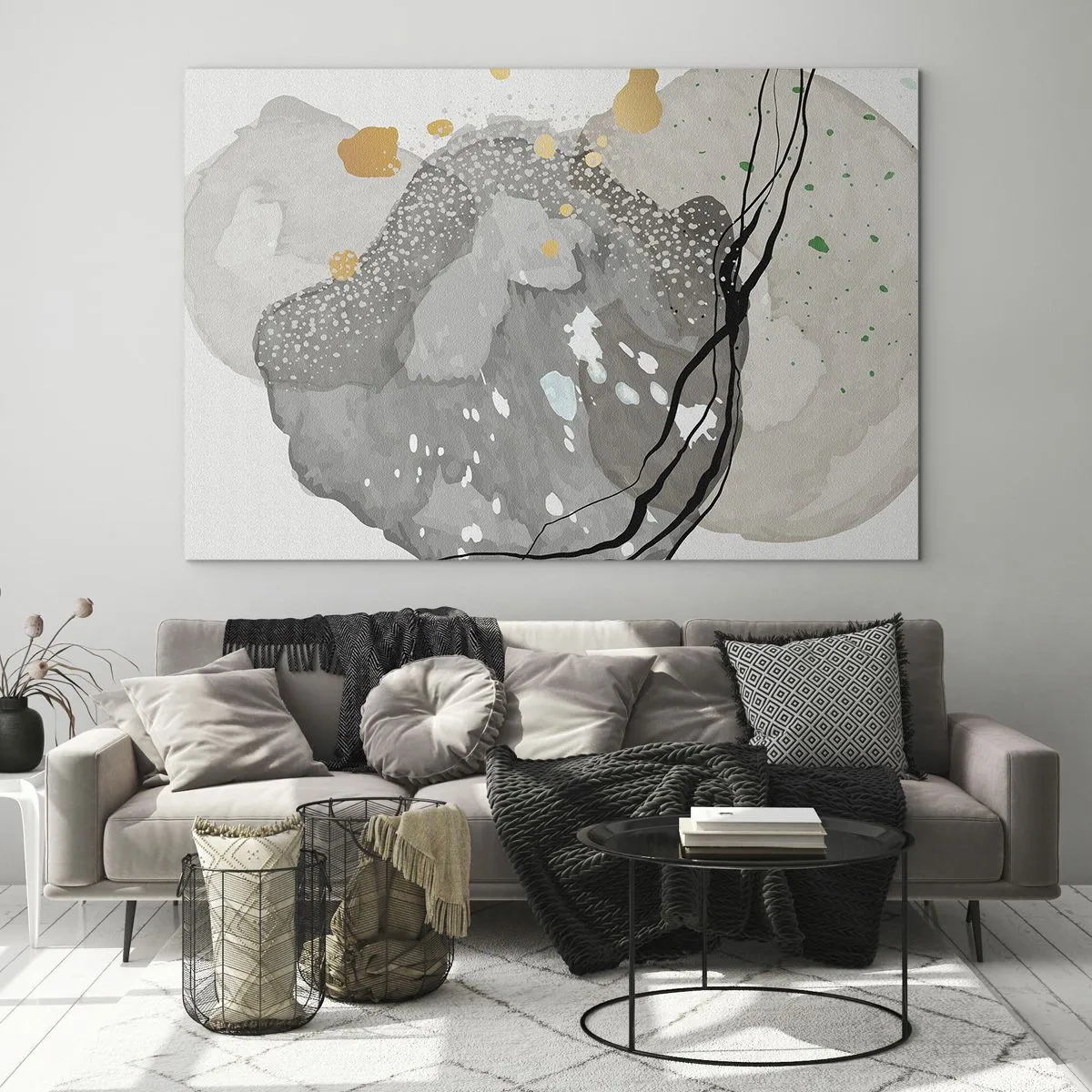 Quadro em vidro - Formas orgânicas e manchas em cores suaves com detalhes - 70x50cm - Composição orgánica - Decoração de parede moderna para a sala de estar e quarto ARTTOR