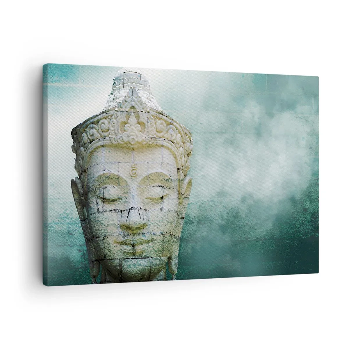 Quadro em tela - Estátua de Buda com uma névoa suave sobre um fundo verde - 70x50cm - Em busca da luz - Decoração de parede moderna para a sala de estar e quarto ARTTOR