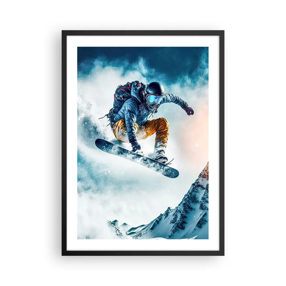 Pôster com moldura preta - Um snowboarder voa sobre o pico de uma montanha coberta de neve - 50x70cm - Emoções extremas - Decoração de parede moderna para a sala de estar e quarto ARTTOR