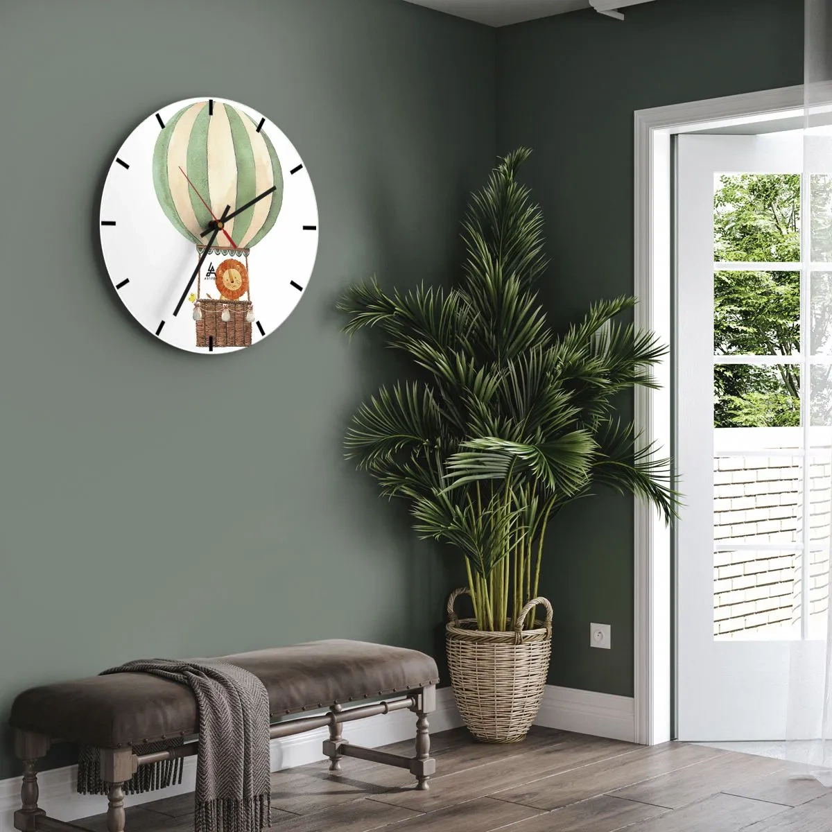 Relógio de parede - Relógio em vidro - Um leão e um pato em um balão sobre um fundo branco - 30x30cm - As viagens de Leon - Decoração de parede moderna para a sala de estar, cozinha e quarto ARTTOR