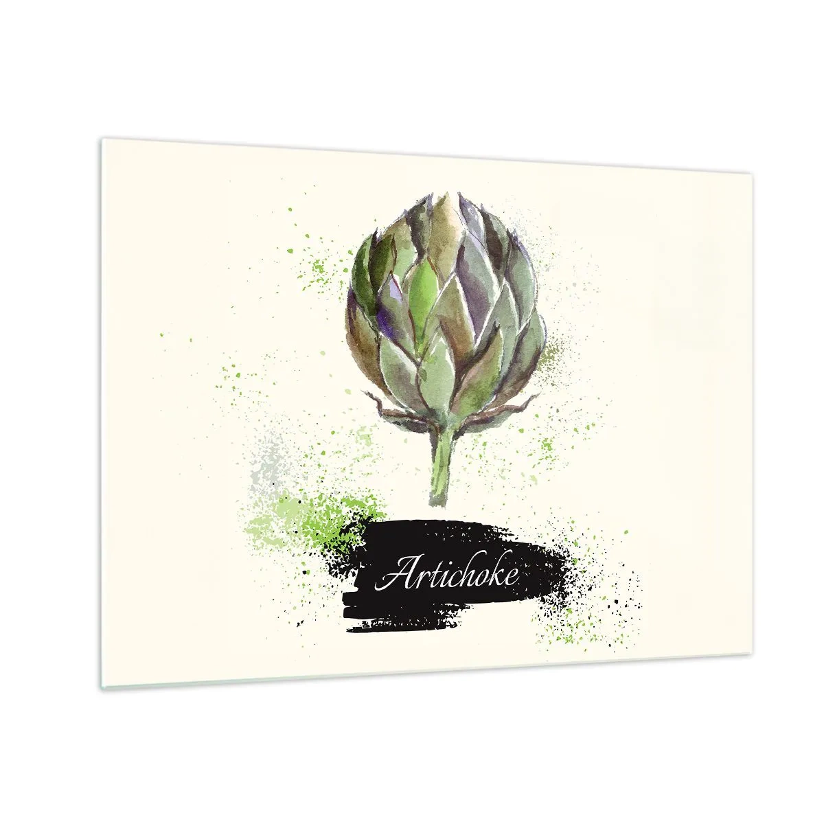 Quadro em vidro - Gráfico de alcachofra em aquarela com a palavra Alcachofra escrita nele - 70x50cm - Viva os vegetais! - Decoração de parede moderna para a sala de estar e quarto ARTTOR
