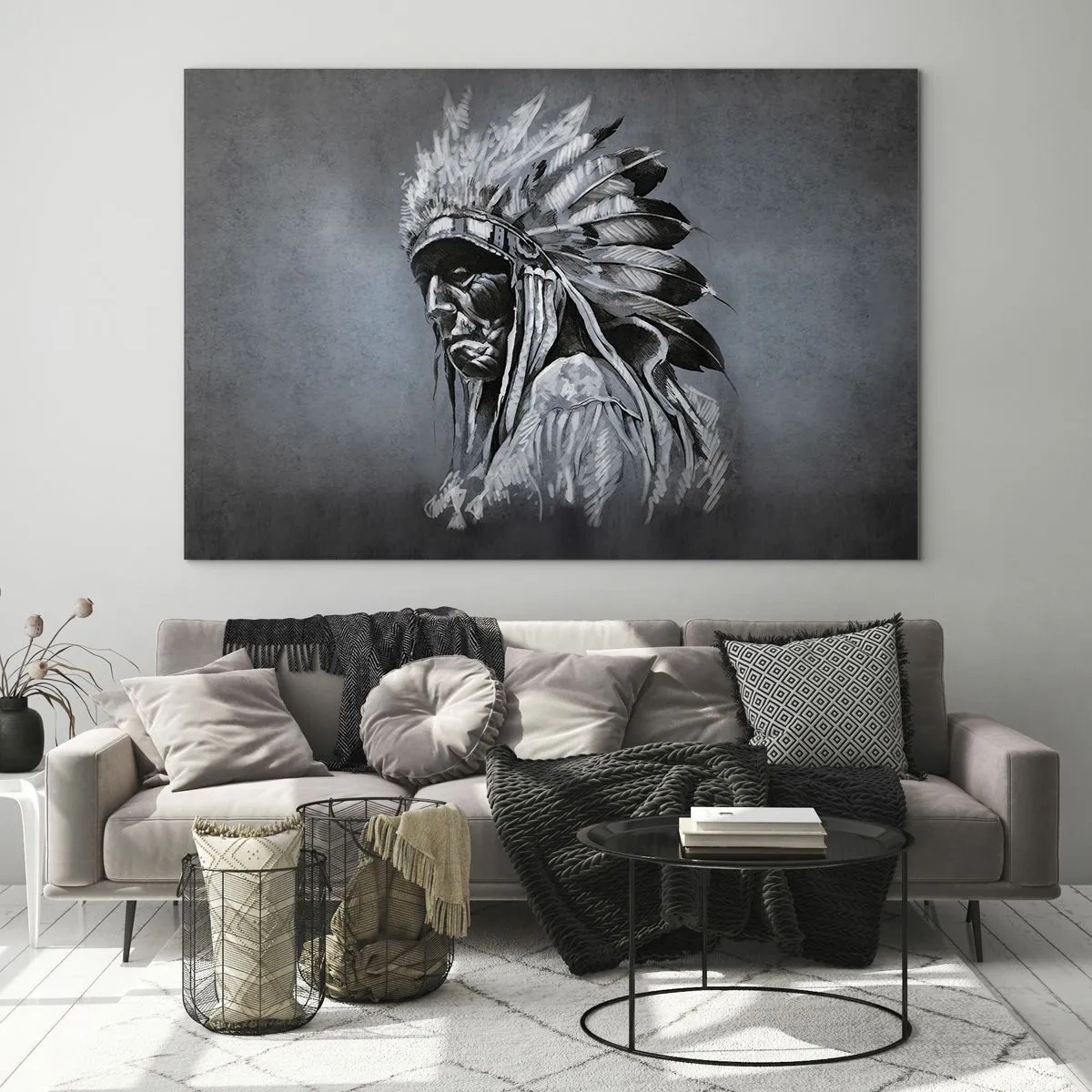 Quadro em vidro - Retrato de um homem com um cocar de penas sobre um fundo cinza escuro - 70x50cm - De volta às raízes - Decoração de parede moderna para a sala de estar e quarto ARTTOR