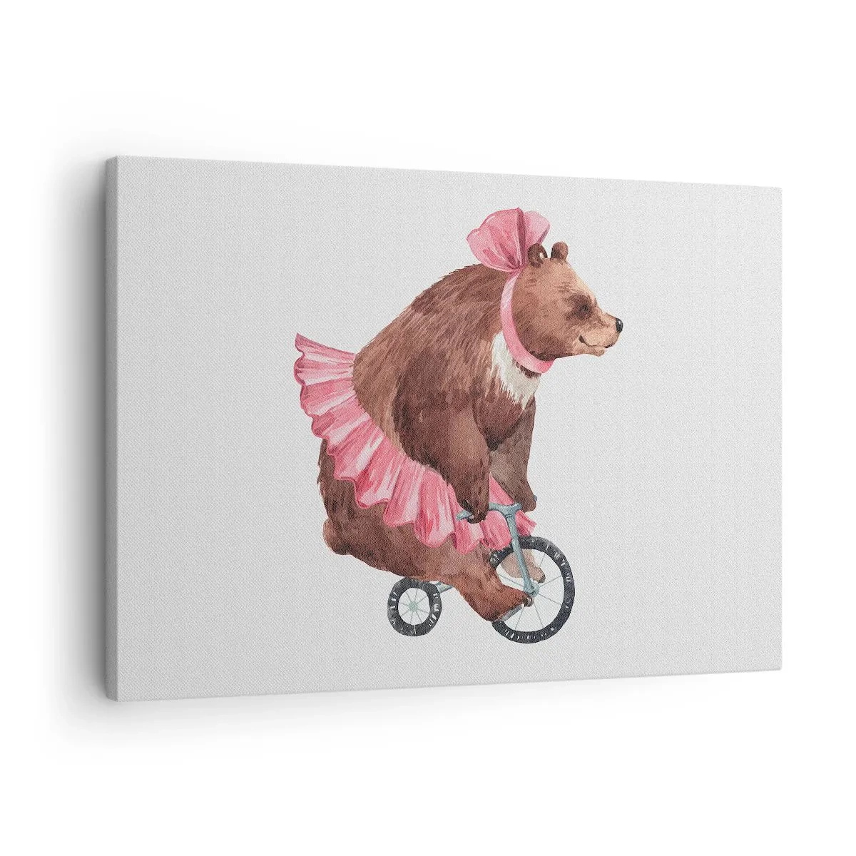 Quadro em tela - Um ursinho de pelúcia com uma saia rosa em uma bicicleta estilo retrô - 70x50cm - Que circo! - Decoração de parede moderna para a sala de estar e quarto ARTTOR