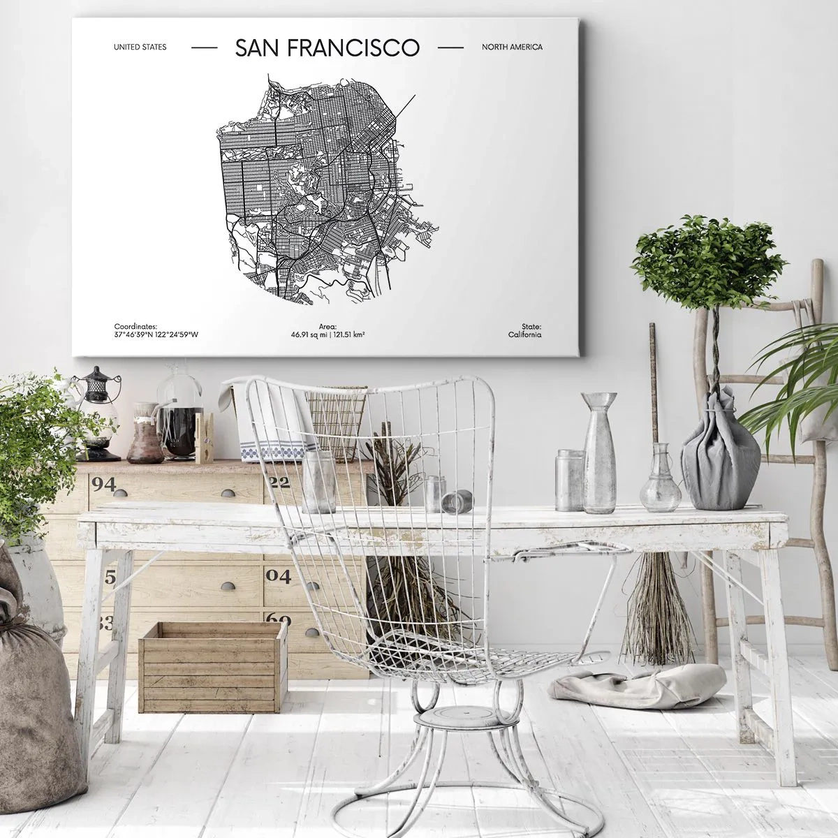 Quadro em tela - Um mapa de São Francisco em estilo minimalista em preto e branco. - 70x50cm - Anatomia de São Francisco - Decoração de parede moderna para a sala de estar e quarto ARTTOR