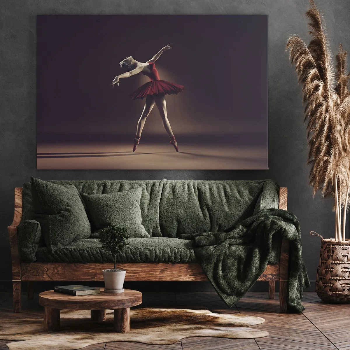 Quadro em tela - Uma bailarina de vestido vermelho tendo como pano de fundo um palco - 70x50cm - Prima ballerina - Decoração de parede moderna para a sala de estar e quarto ARTTOR