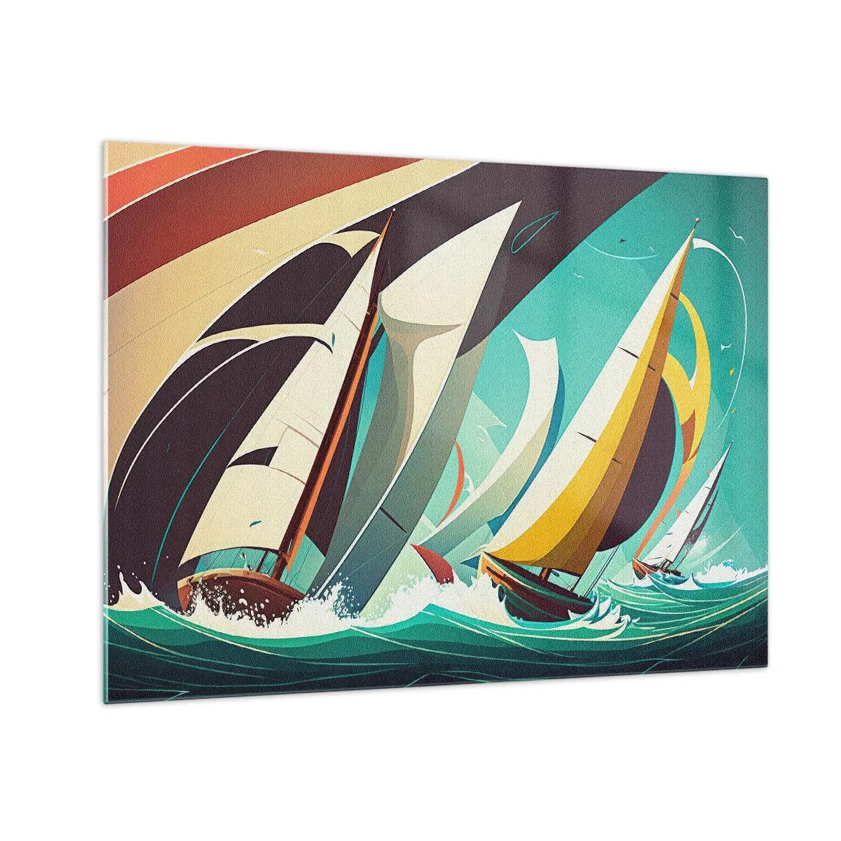 Quadro em vidro - Ilustração em estilo retrô de veleiros em um mar tempestuoso - 70x50cm - Boa sorte com os elementos - Decoração de parede moderna para a sala de estar e quarto ARTTOR