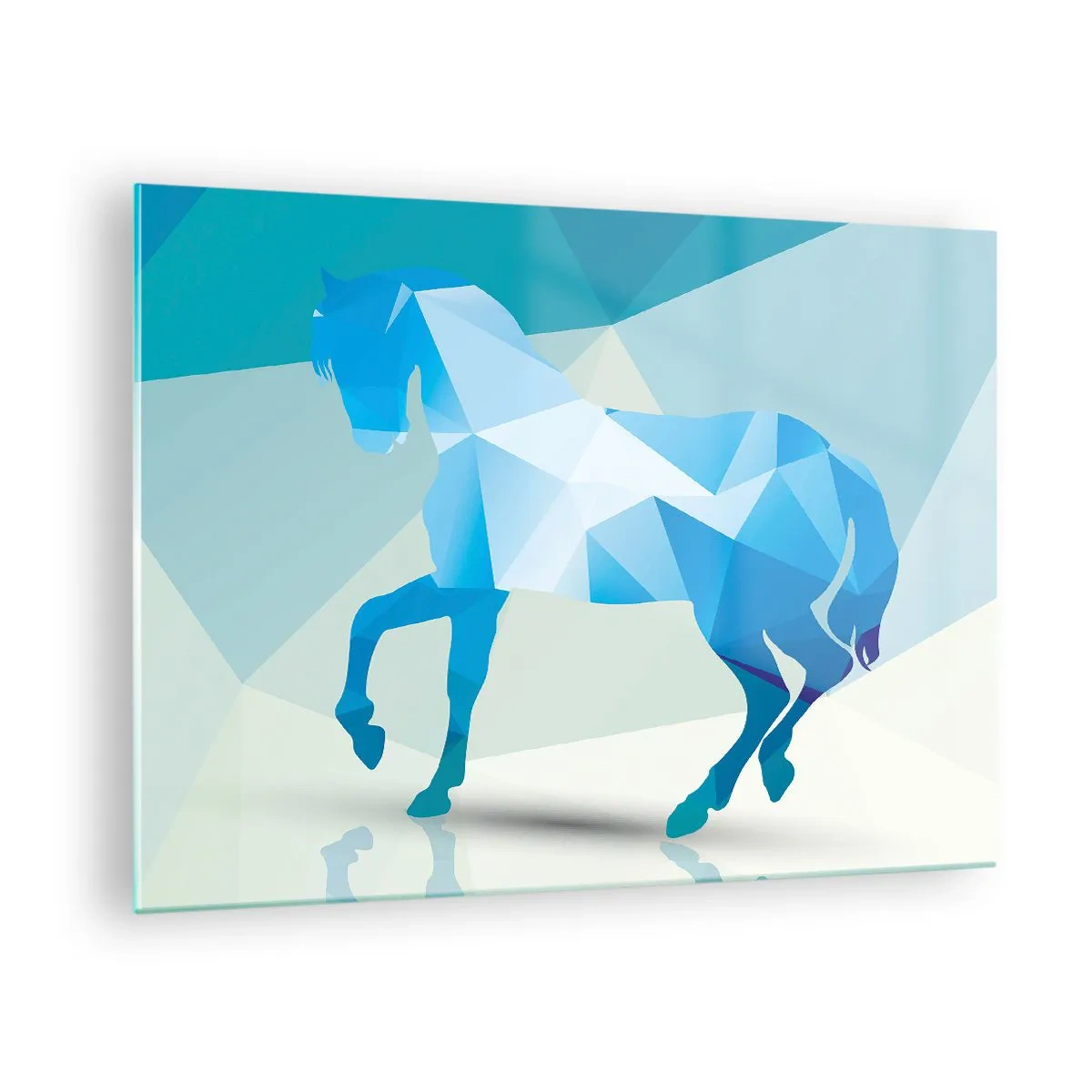Quadro em vidro - Cavalo geométrico em tons de azul e branco - 70x50cm - Cavalo geométrico em turquesa - Decoração de parede moderna para a sala de estar e quarto ARTTOR