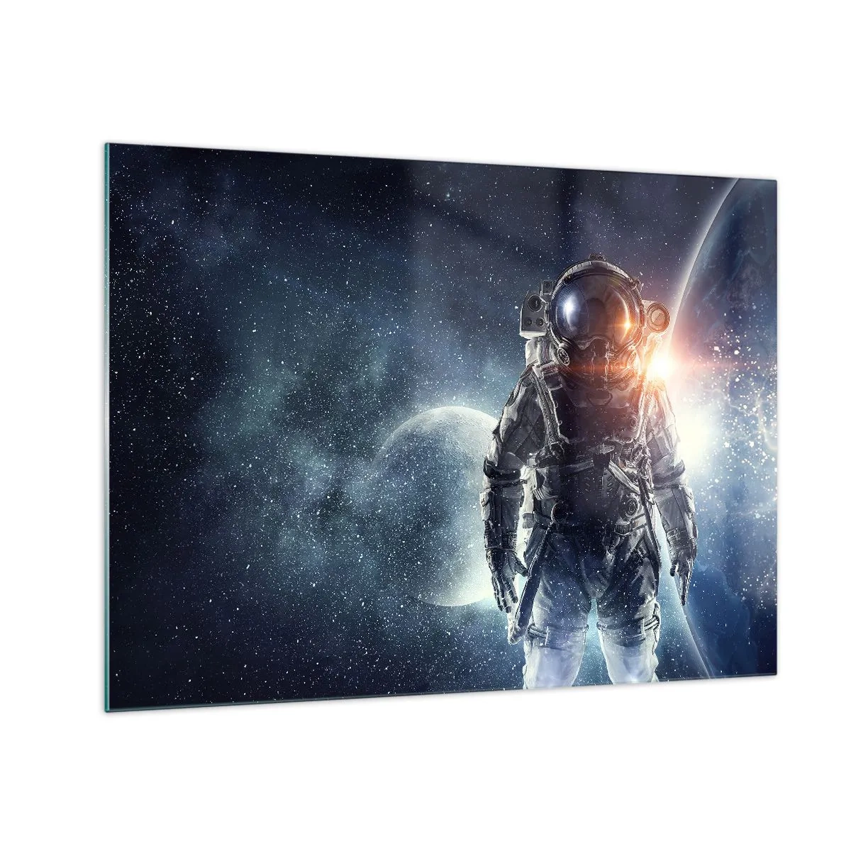Quadro em vidro - Astronauta tendo como pano de fundo planetas e estrelas - 70x50cm - Aventura espacial - Decoração de parede moderna para a sala de estar e quarto ARTTOR