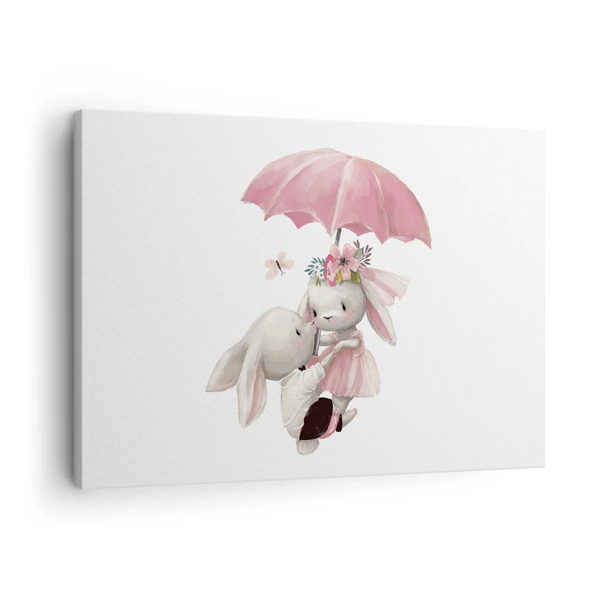 Quadro em tela - Coelhinhos fofos sob um guarda-chuva rosa - 70x50cm - Isso é amor - Decoração de parede moderna para a sala de estar e quarto ARTTOR