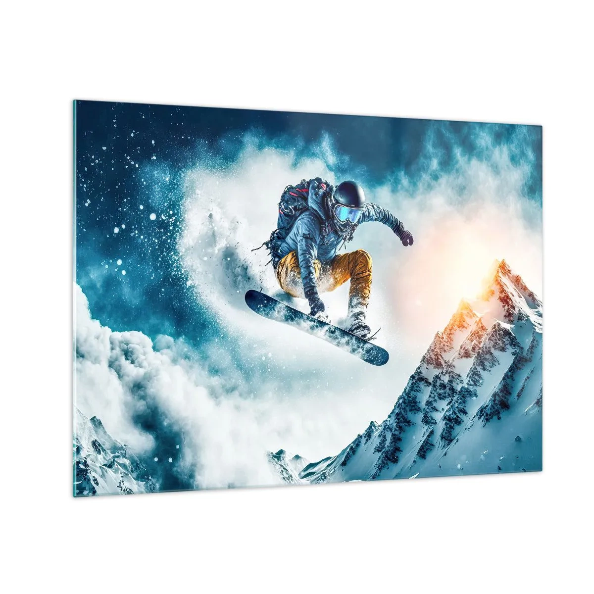 Quadro em vidro - Um snowboarder voa sobre montanhas cobertas de neve - 70x50cm - Emoções extremas - Decoração de parede moderna para a sala de estar e quarto ARTTOR