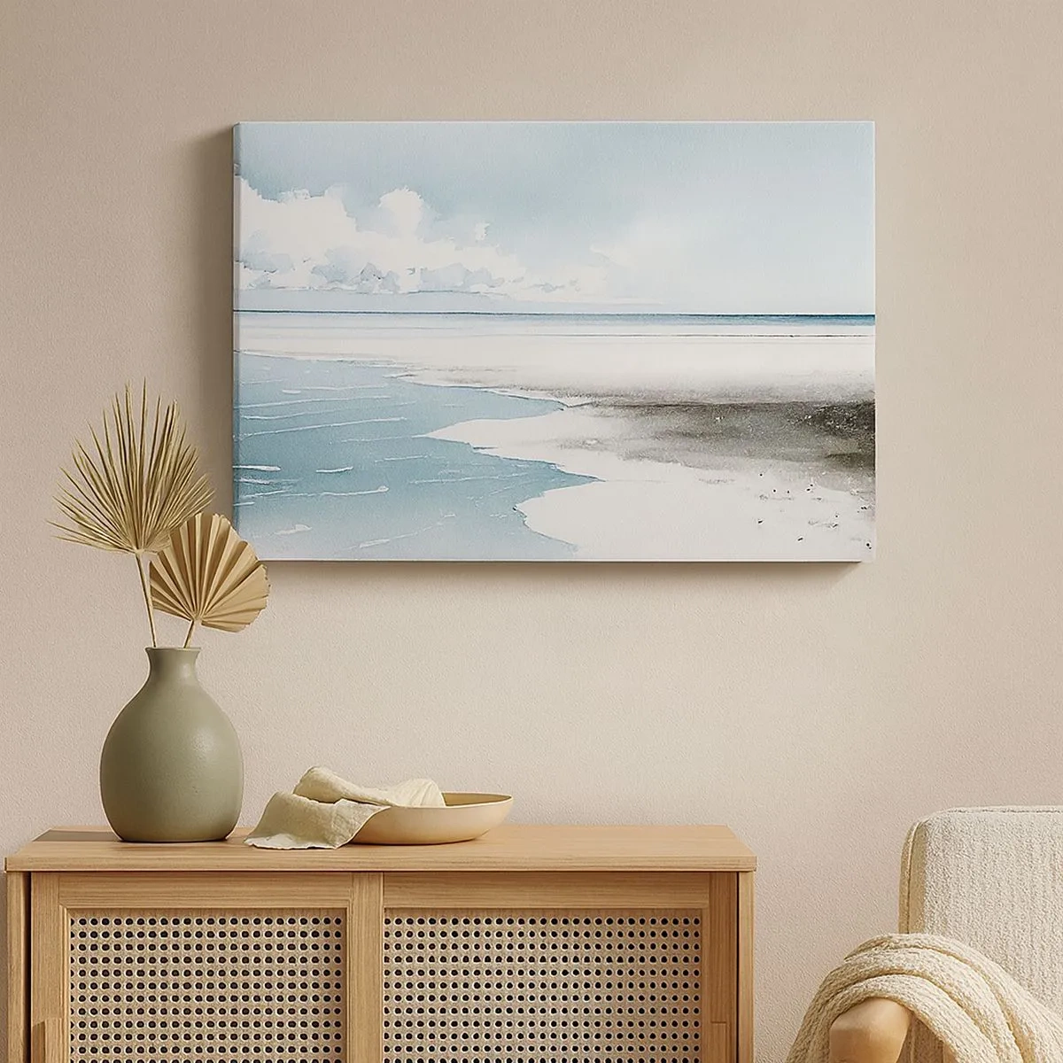Quadro em tela - Um mar calmo e uma praia em tons claros de azul - 70x50cm - Maré suave - Decoração de parede moderna para a sala de estar e quarto ARTTOR