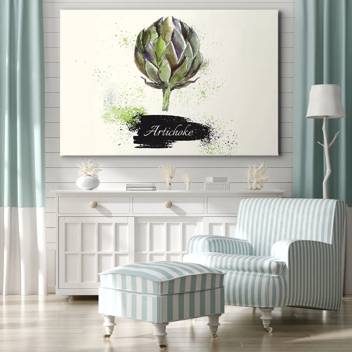 Quadro em tela - Alcachofra em aquarela com texto sobre fundo claro com detalhes em verde - 70x50cm - Viva os vegetais! - Decoração de parede moderna para a sala de estar e quarto ARTTOR