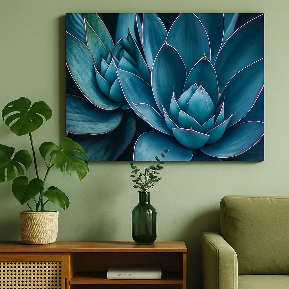 Quadro em tela - Agave em tons de azul e verde com detalhes em rosa - 70x50cm - Força vital - Decoração de parede moderna para a sala de estar e quarto ARTTOR