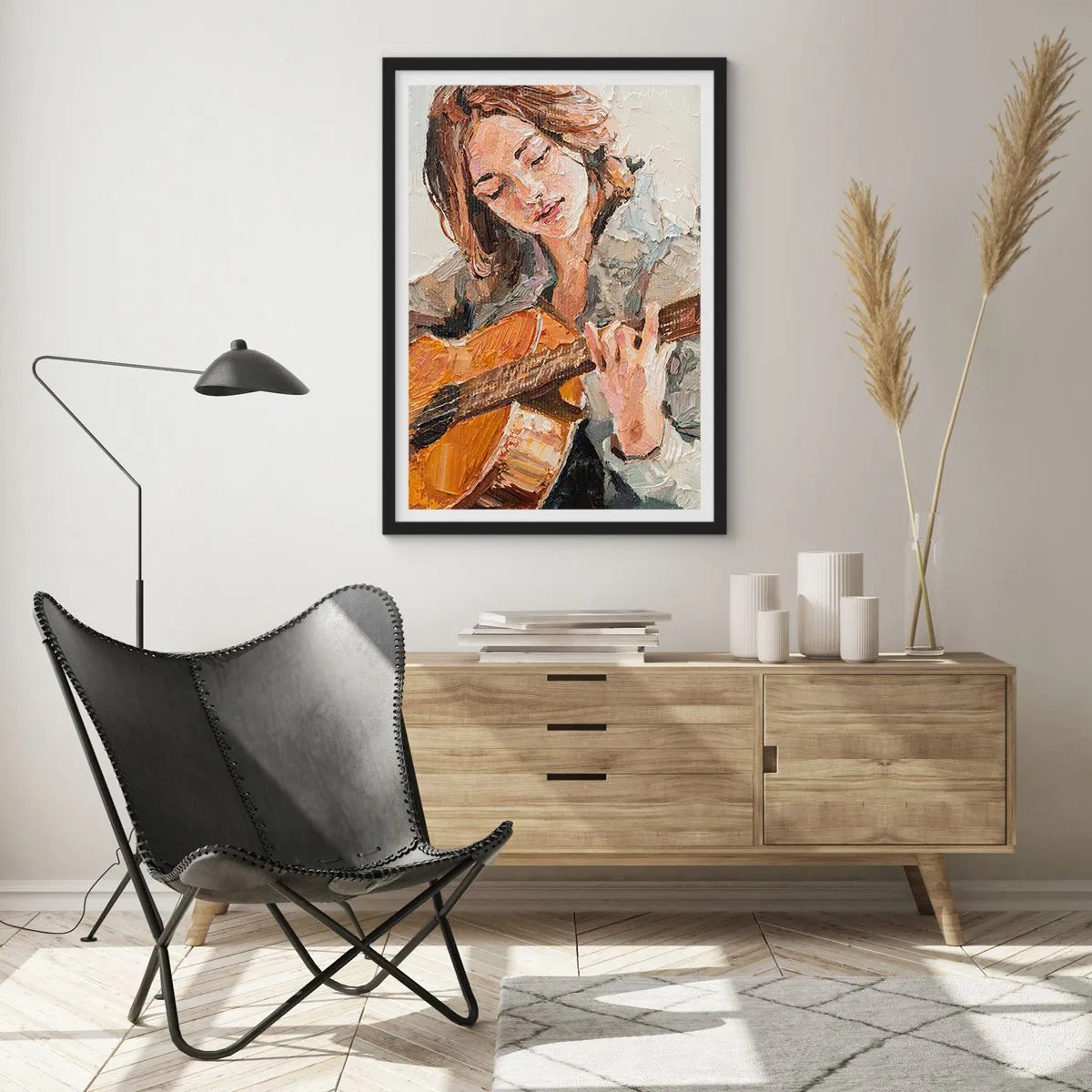 Pôster com moldura preta - Retrato de uma mulher tocando violão em estilo impasto - 50x70cm - Concerto de violão e coração de rapariga - Decoração de parede moderna para a sala de estar e quarto ARTTOR