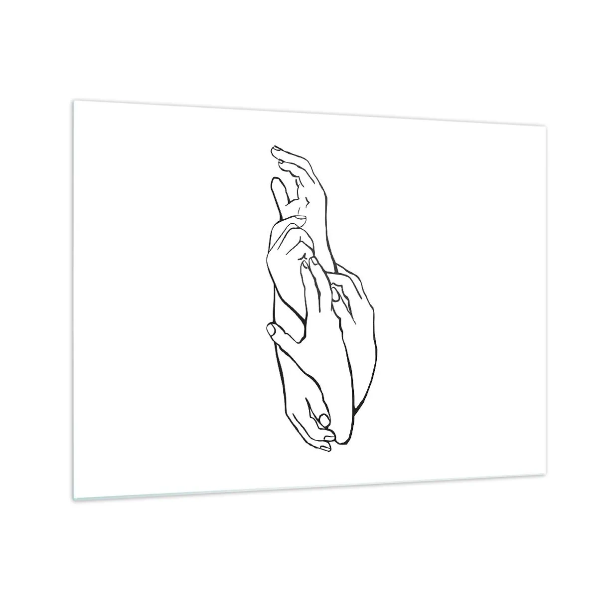 Quadro em vidro - Um desenho linear sutil de mãos entrelaçadas em um fundo branco. - 70x50cm - Bom toque - Decoração de parede moderna para a sala de estar e quarto ARTTOR