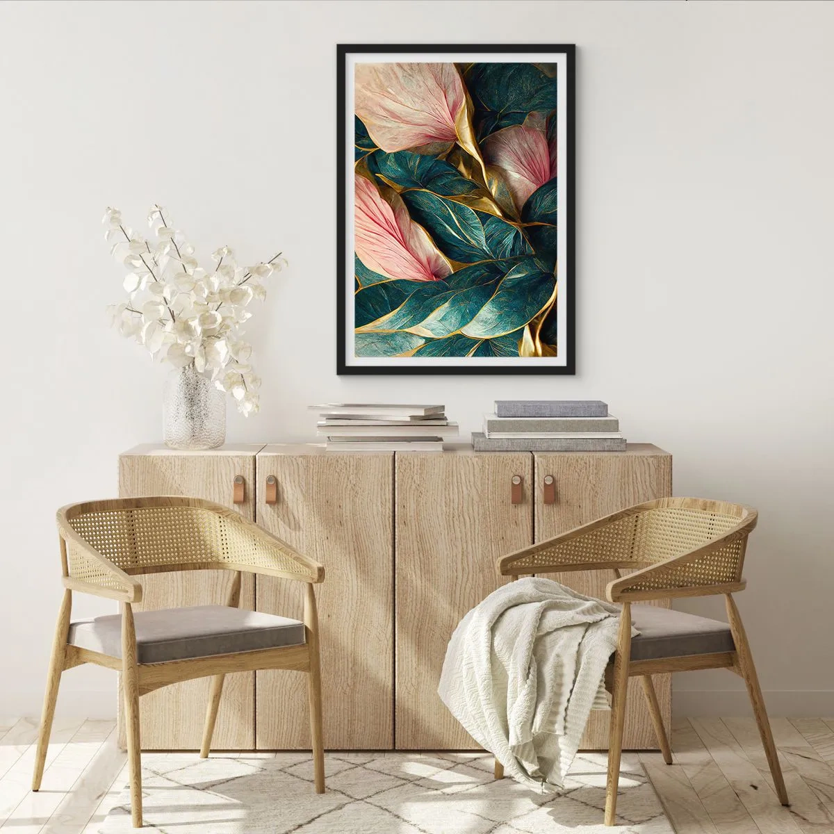 Pôster com moldura preta - Uma elegante composição de folhas em tons de verde, dourado e rosa - 50x70cm - Elegância e estilo naturais - Decoração de parede moderna para a sala de estar e quarto ARTTOR