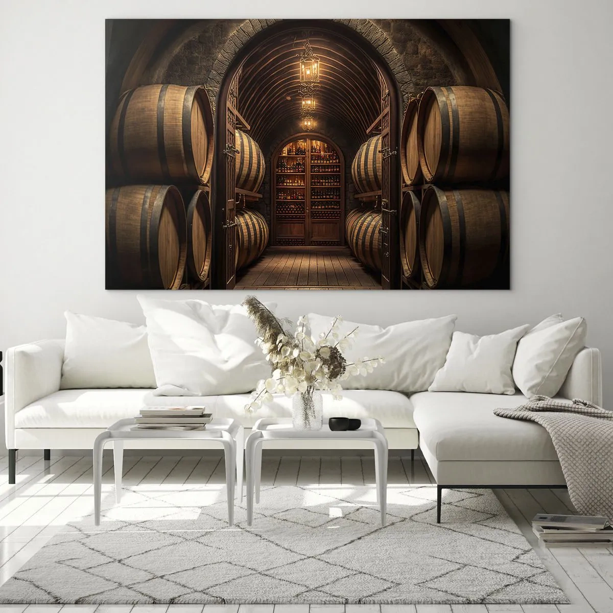 Quadro em vidro - Um vinhedo com barricas e uma adega iluminada cheia de garrafas - 70x50cm - Porão atmosférico - Decoração de parede moderna para a sala de estar e quarto ARTTOR