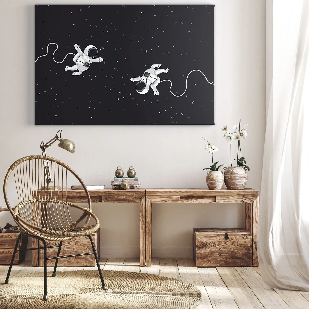 Quadro em tela - Astronautas flutuando no espaço com um cenário de estrelas - 70x50cm - Emaranhado Cósmico - Decoração de parede moderna para a sala de estar e quarto ARTTOR