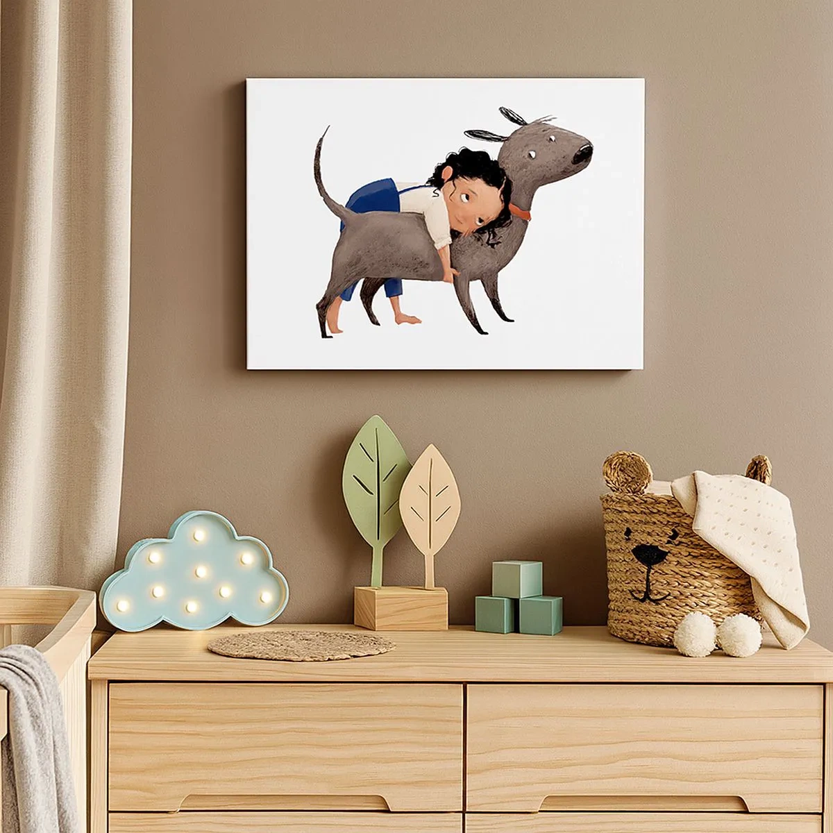 Quadro em tela - Ilustração em estilo cartoon de uma criança abraçando um cachorro - 70x50cm - Melhores amigos - Decoração de parede moderna para a sala de estar e quarto ARTTOR