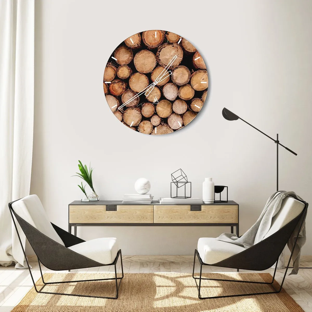 Relógio de parede - Relógio em vidro - Troncos de árvores cortados dispostos em uma composição natural - 30x30cm - Um novo começo - Decoração de parede moderna para a sala de estar, cozinha e quarto ARTTOR