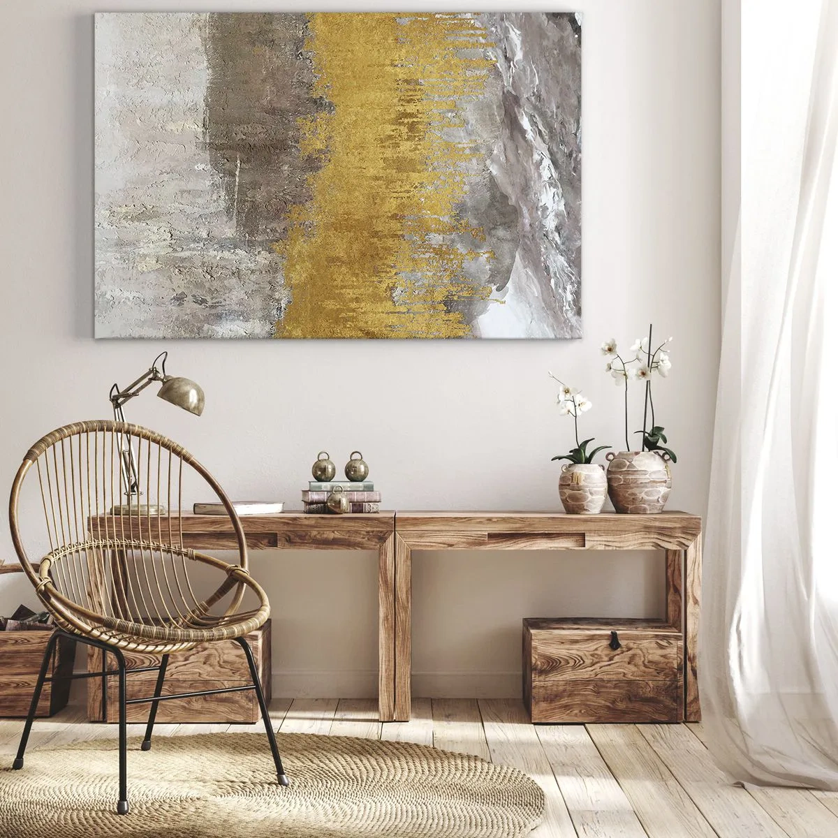 Quadro em tela - Padrão abstrato dourado e bege - 70x50cm - Uma explosão dourada - Decoração de parede moderna para a sala de estar e quarto ARTTOR