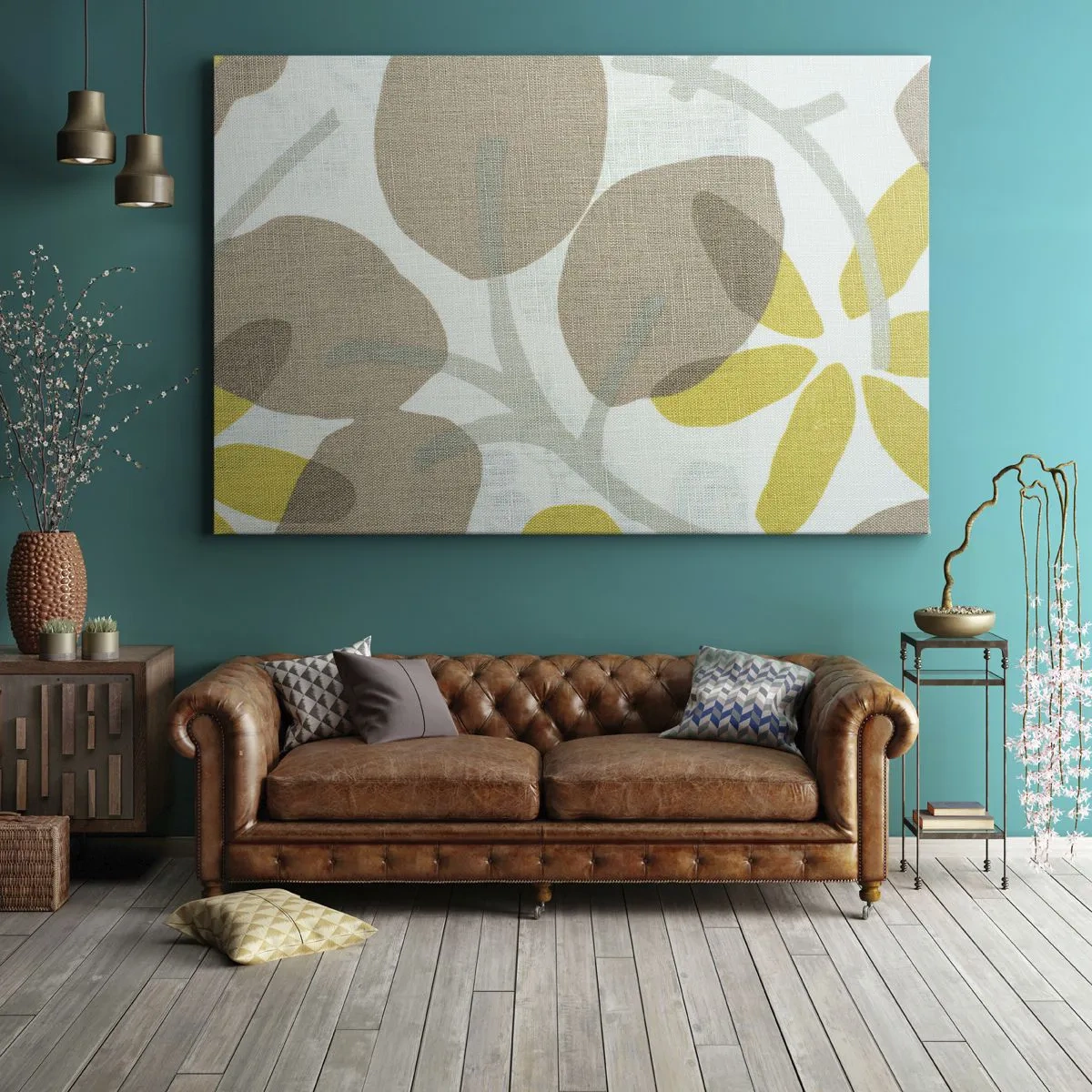 Quadro em tela - Folhas abstratas em tons de bege e amarelo - 70x50cm - Composição a pleno sol - Decoração de parede moderna para a sala de estar e quarto ARTTOR