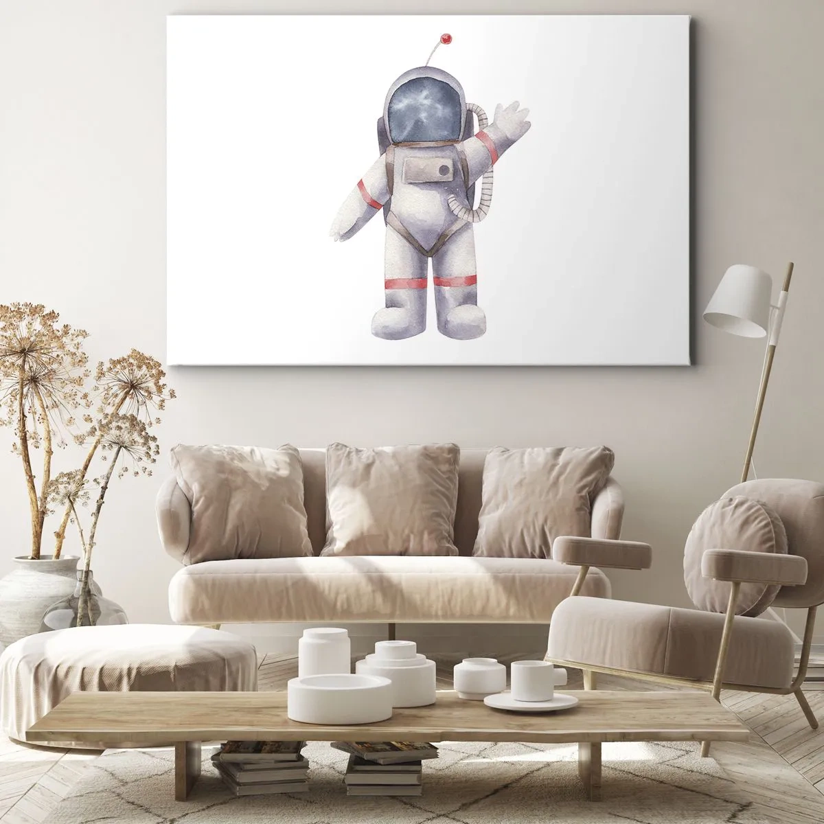 Quadro em tela - Astronauta estilo aquarela em fundo branco - 70x50cm - Por enquanto é isso! - Decoração de parede moderna para a sala de estar e quarto ARTTOR